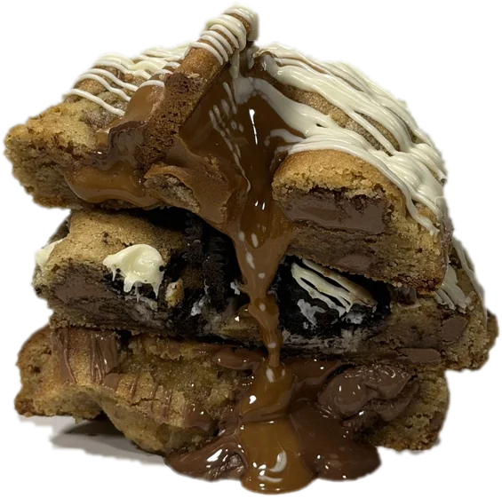 Three stuffed Argies cookies stacked, melted Nutella and Biscoff dripping down
